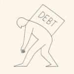 A line drawing of a person weighted down by debt.