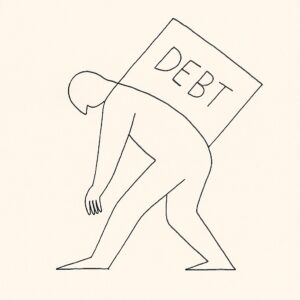 A line drawing of a person weighted down by debt.