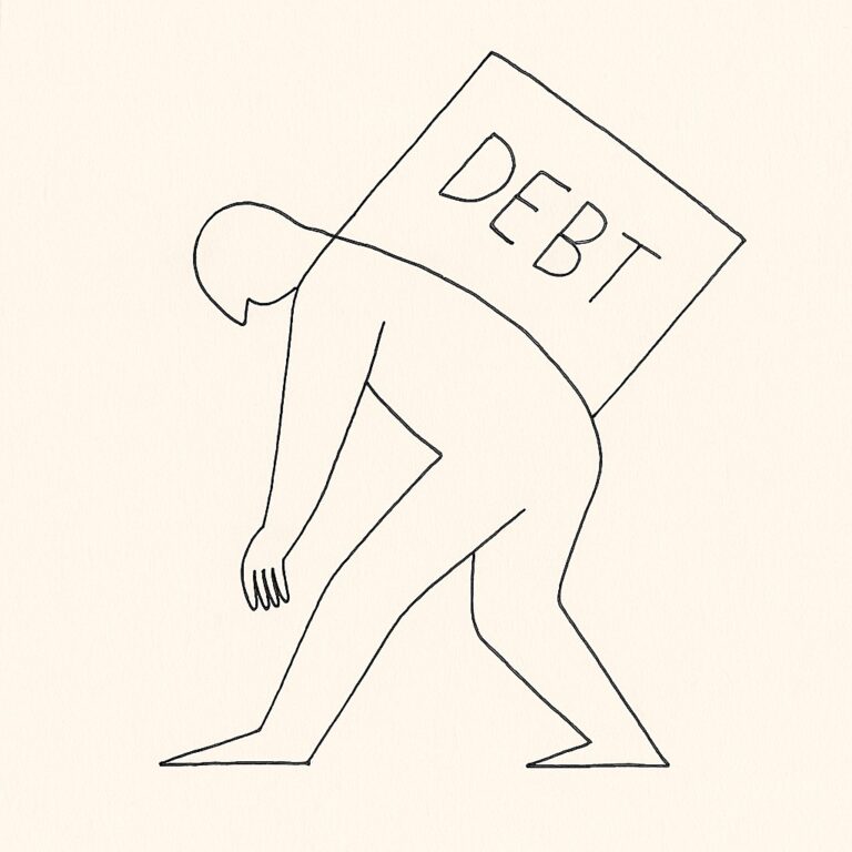 A line drawing of a person weighted down by debt.