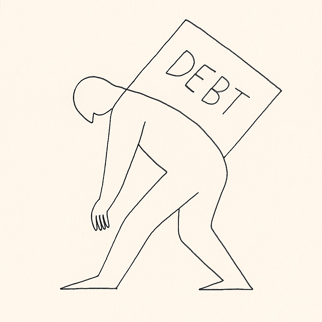 A line drawing of a person weighted down by debt.