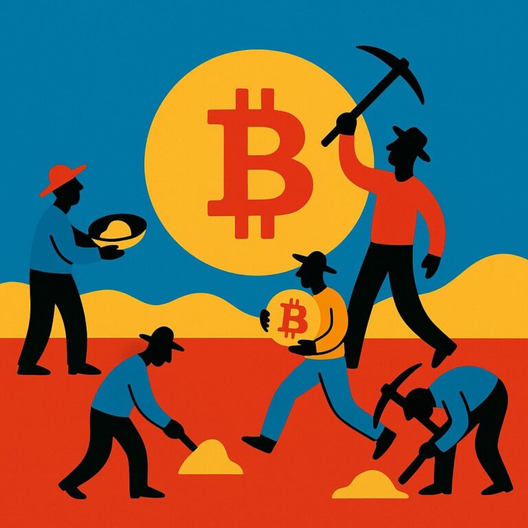 Figures mining for Bitcoin in a sandy desert