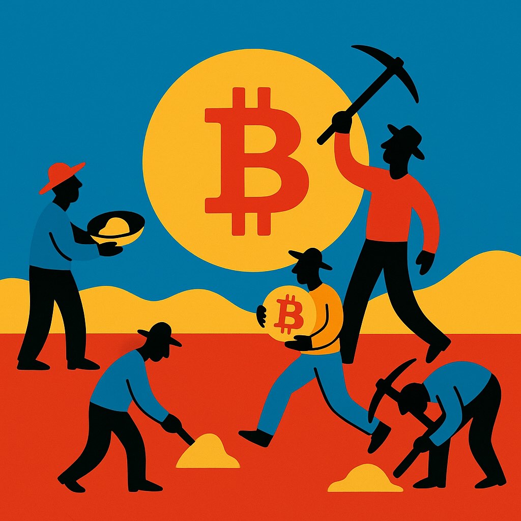Figures mining for Bitcoin in a sandy desert