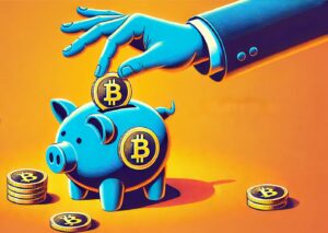 Man putting bitcoins into a piggy bank