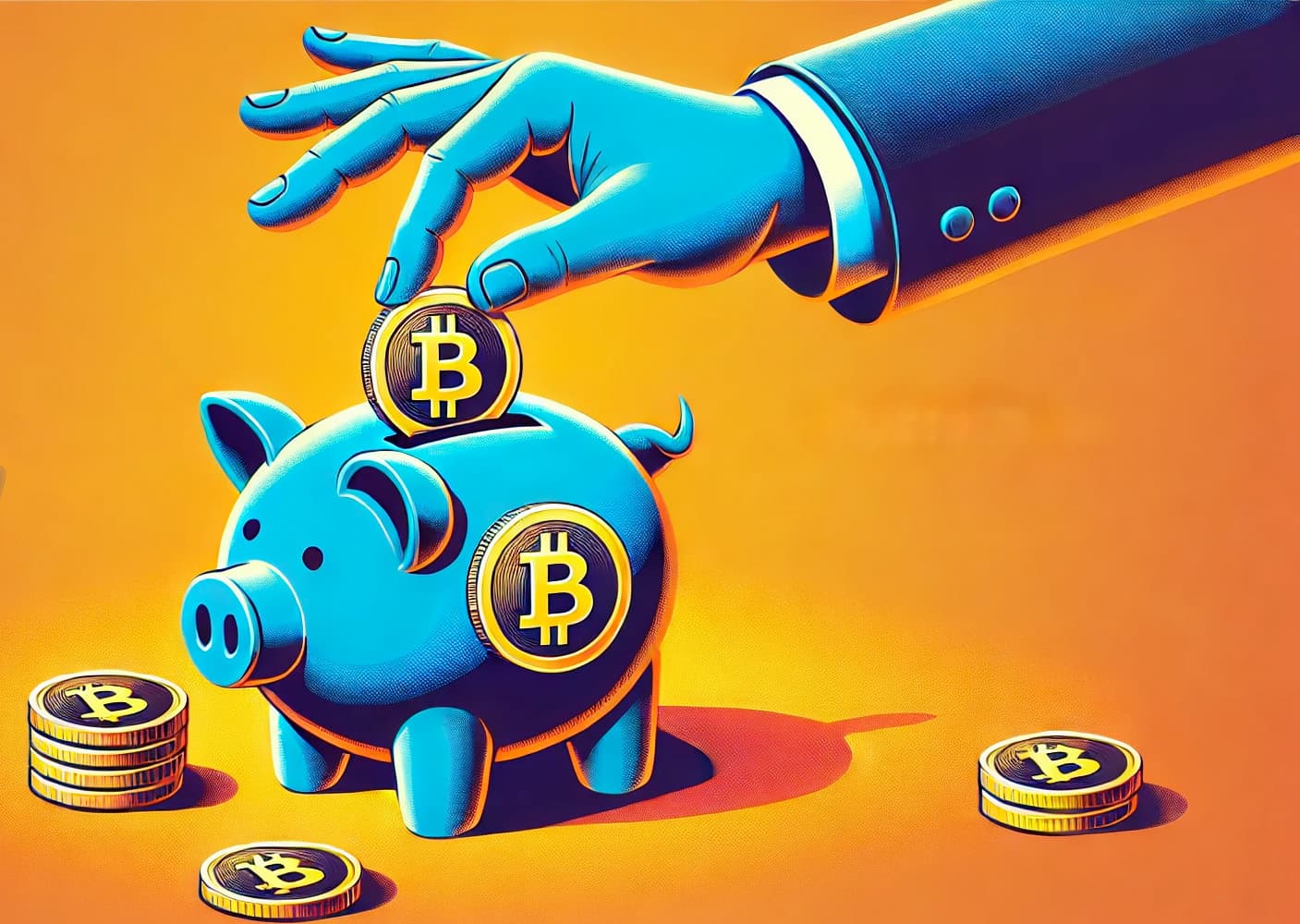 Man putting bitcoins into a piggy bank