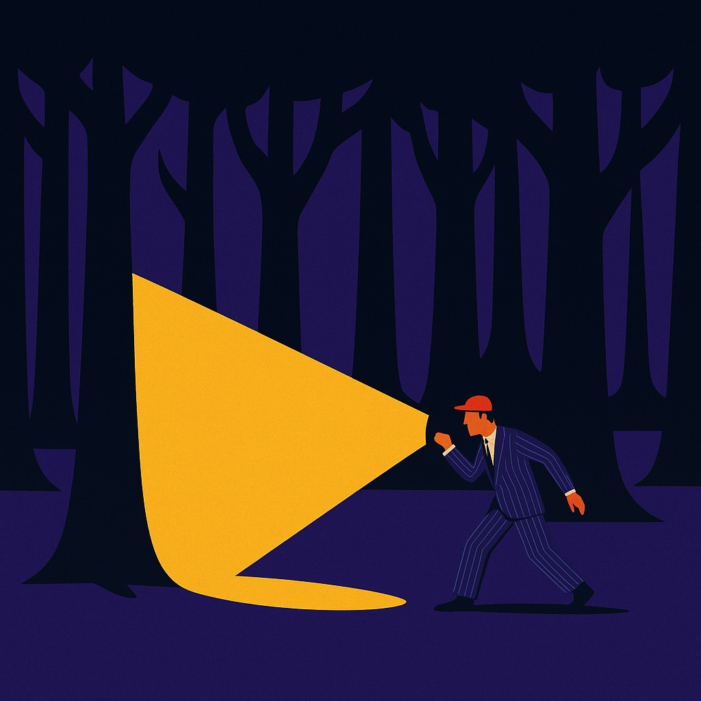 Man searching in the dark forest for digital currencies.