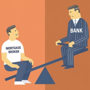 Mortgage broker and bank on a seesaw.