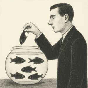 Illustration of man choosing a fish out of a bowl of options.