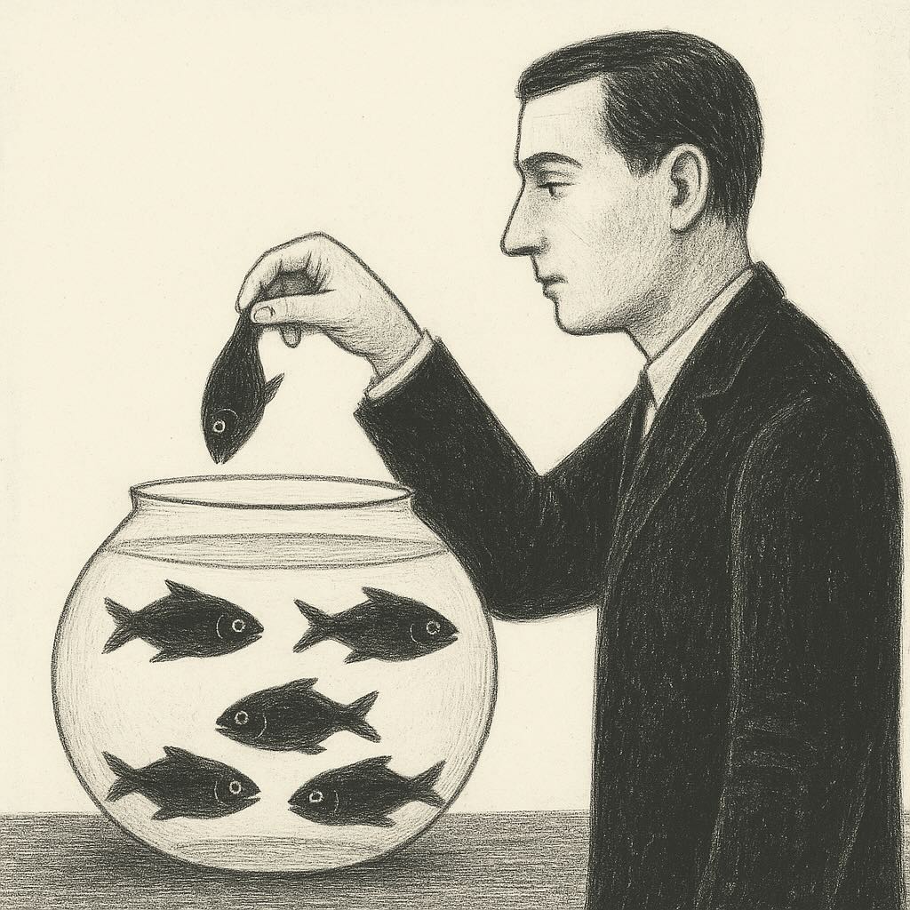 Illustration of man choosing a fish out of a bowl of options.