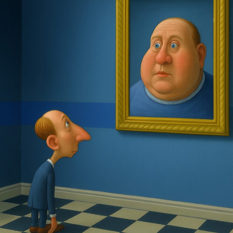 Man peering up into the face of a top trader in a frame.