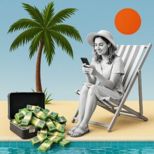 Girl sitting on her phone by the pool checking out her digital super returns.
