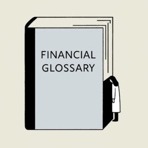 Illustration of a woman peering into a large Financial Glossary book.