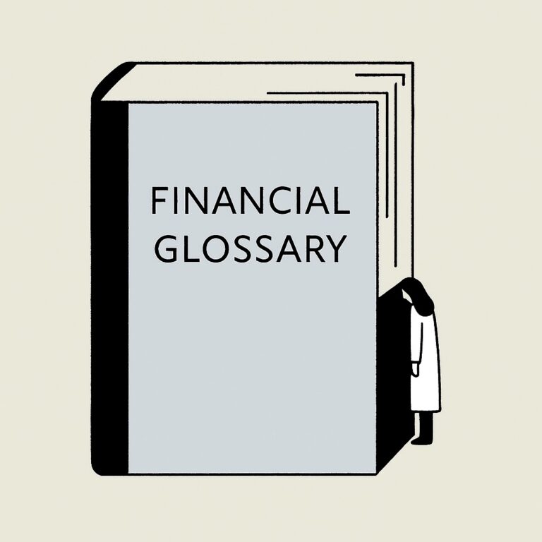 Illustration of a woman peering into a large Financial Glossary book.