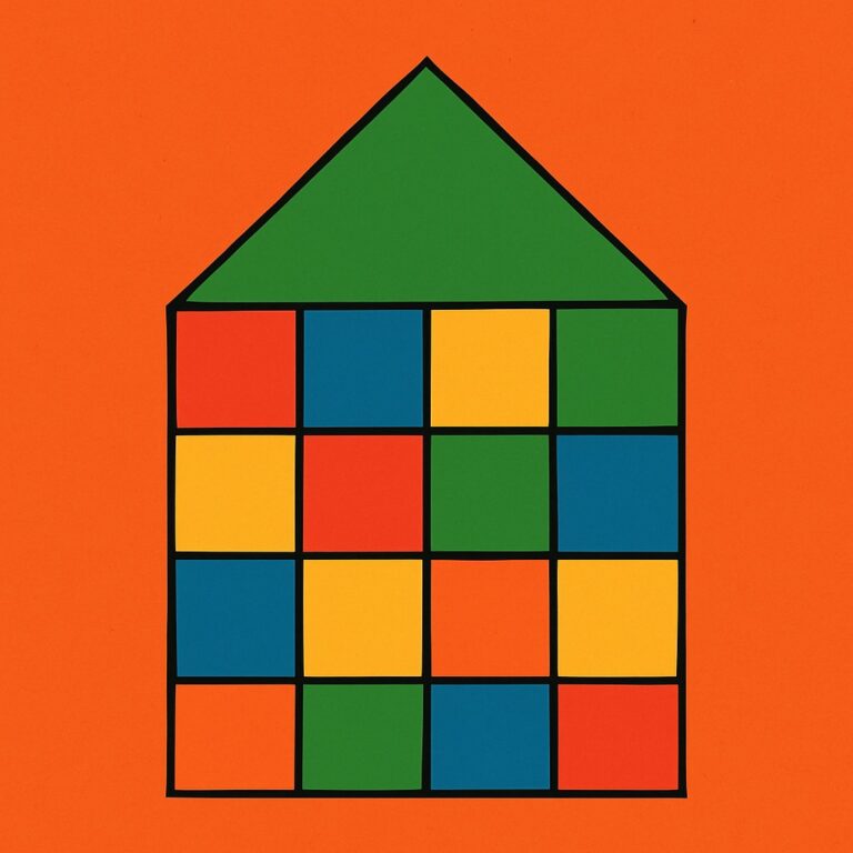 Illustration of a house made up of a lot of coloured blocks.