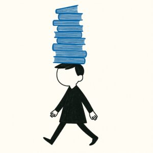 Little boy balancing lots of books on his head.