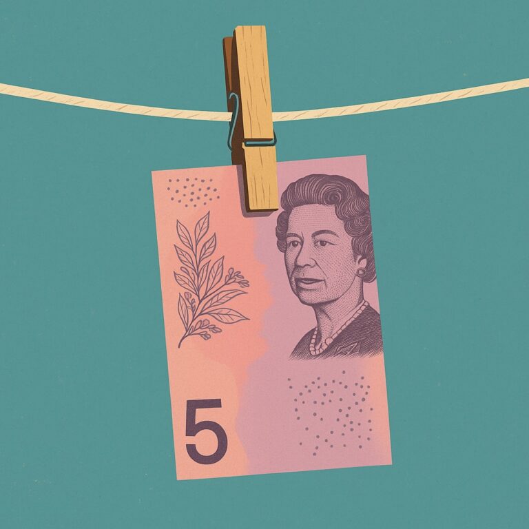 Five dollar Australian bank note hanging from a peg.