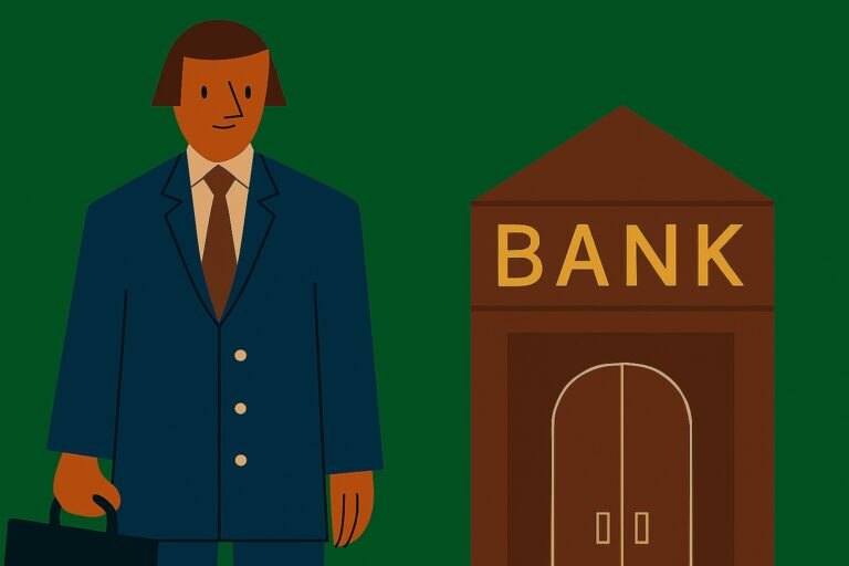 Mortgage broker with suitcase standing outside a bank.