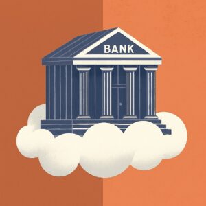 Illustration of a bank floating on a cloud.