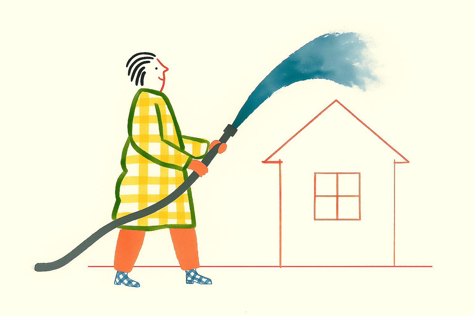 Woman with fire hose, adding savings into her house.