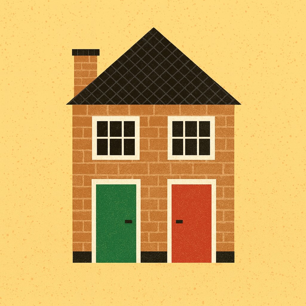 Illustration of a house with two different coloured doors.