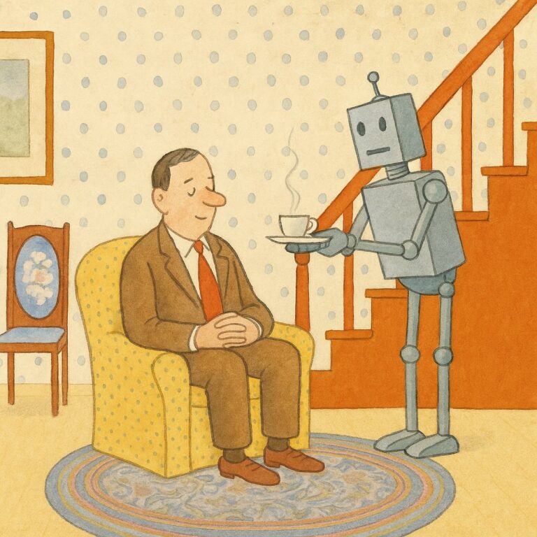 Robot serving man tea in his home.