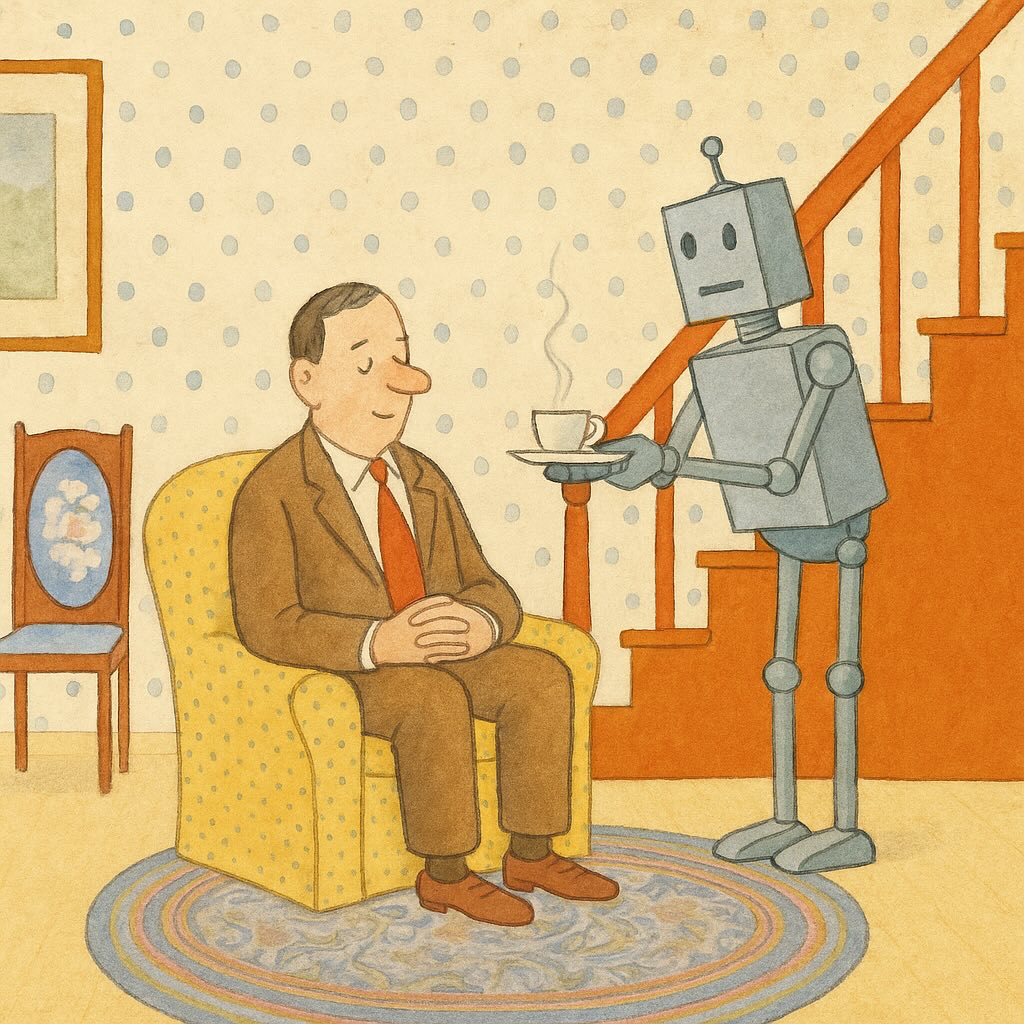 Robot serving man tea in his home.