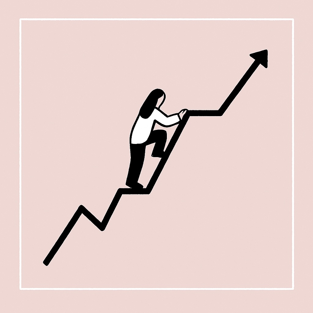 Woman climbing up a line chart