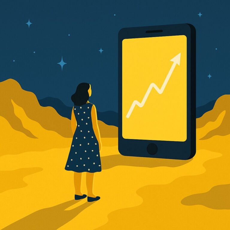 Woman looking at oversized mobile phone