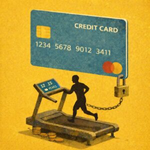 Illustration of a man on a. treadmill chained to his credit card.