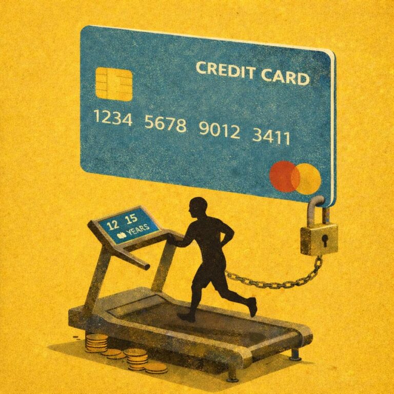 Illustration of a man on a. treadmill chained to his credit card.