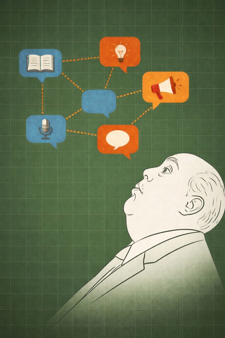 Man looking at symbols representing news and information.